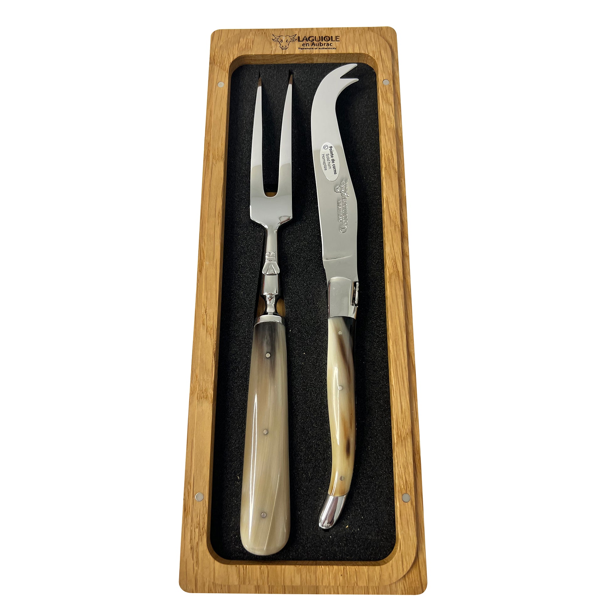 Laguiole en Aubrac Handcrafted 2-Piece Cheese Knife Set with Solid Horn Handles - LaguioleEnAubracShop