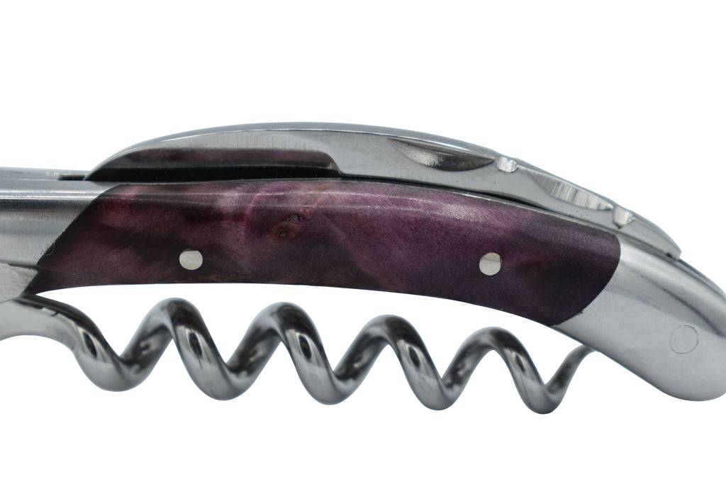 Laguiole en Aubrac Sommelier Waiter's Corkscrew with Stabilized Purple Poplar Burl Handle, Polished Bolster - LaguioleEnAubracShop