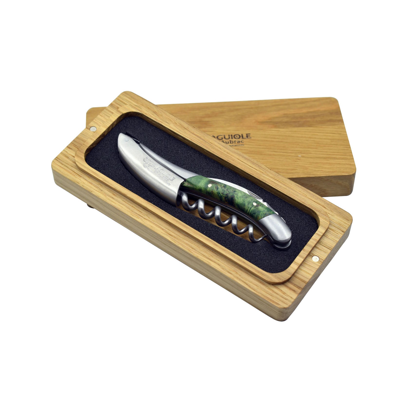 Laguiole en Aubrac Sommelier Waiter's Corkscrew with Stabilized Green Poplar Burl Handle, Brushed Bolster - LaguioleEnAubracShop