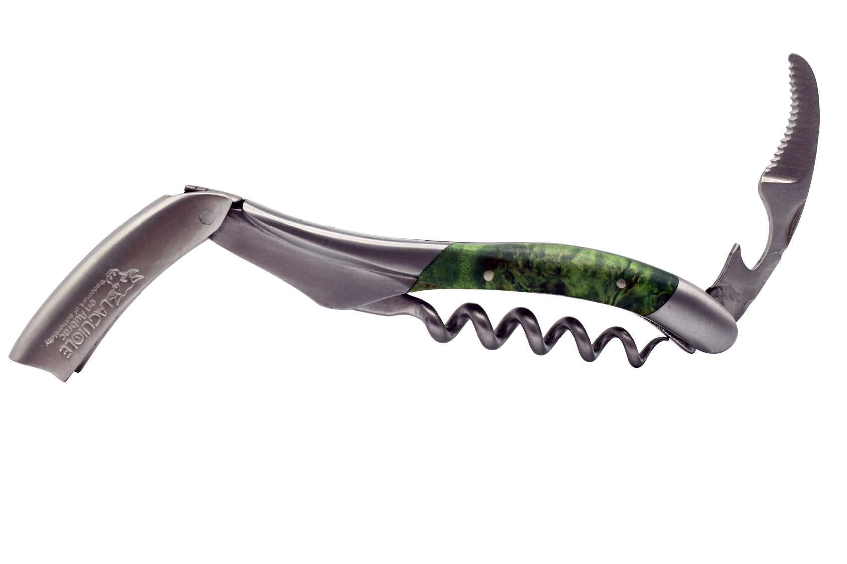 Laguiole en Aubrac Sommelier Waiter's Corkscrew with Stabilized Green Poplar Burl Handle, Brushed Bolster - LaguioleEnAubracShop