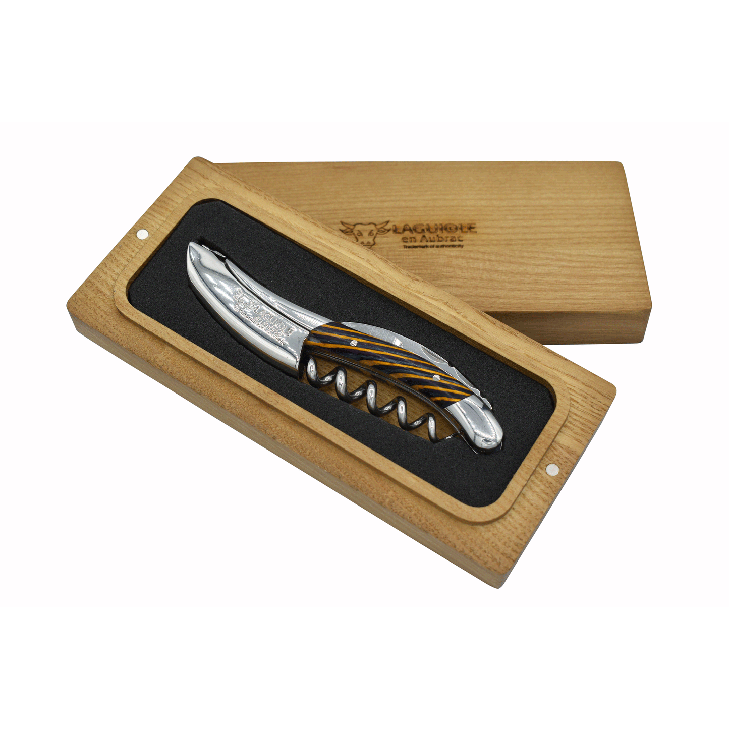 Laguiole en Aubrac Sommelier Waiter's Corkscrew with Samba Wood With Yellow Veins Handle, Polished Bolster - LaguioleEnAubracShop