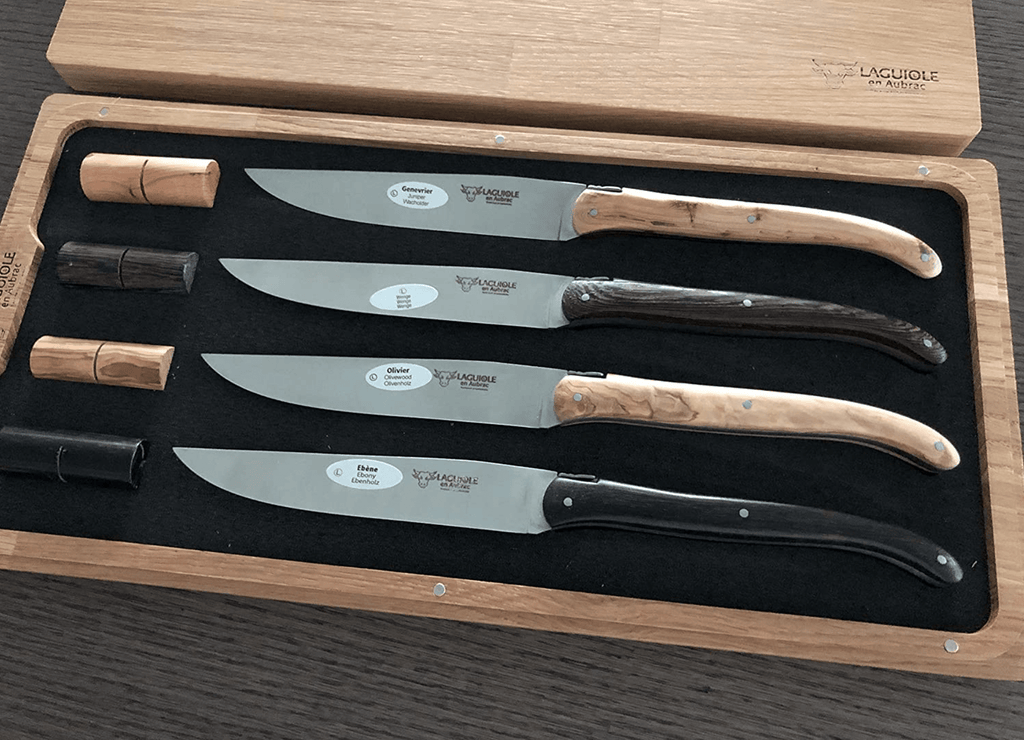 Laguiole en Aubrac Handcrafted Plated 4-Piece Steak Knife Set with Mixed Woods Handles - LaguioleEnAubracShop