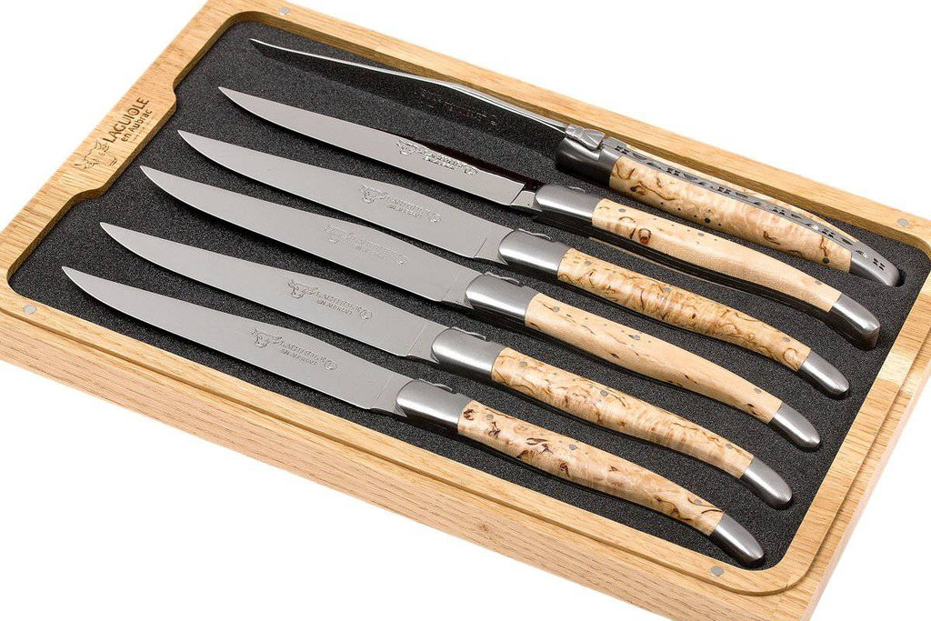 Laguiole en Aubrac Handcrafted Plated 6-Piece Steak Knife Set with Birchwood Handles - LaguioleEnAubracShop