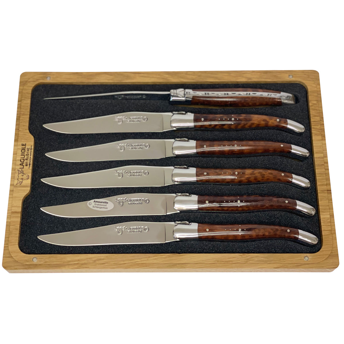 Laguiole en Aubrac Handcrafted Plated 6-Piece Steak Knife Set with Amourette Snakewood Handles - LaguioleEnAubracShop