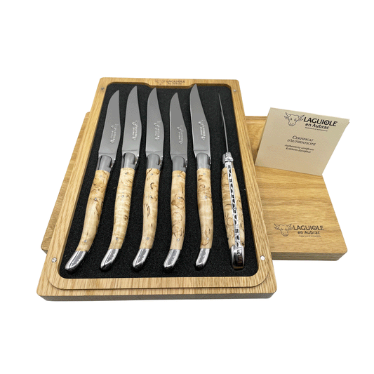Laguiole en Aubrac Handcrafted Plated 6-Piece Steak Knife Set with Birchwood Handles, Polished Bolsters - LaguioleEnAubracShop