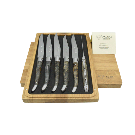 Laguiole en Aubrac Handcrafted Brushed Plated 6-Piece Steak Knife Set with Blackened Poplar Burl wood Handles - LaguioleEnAubracShop