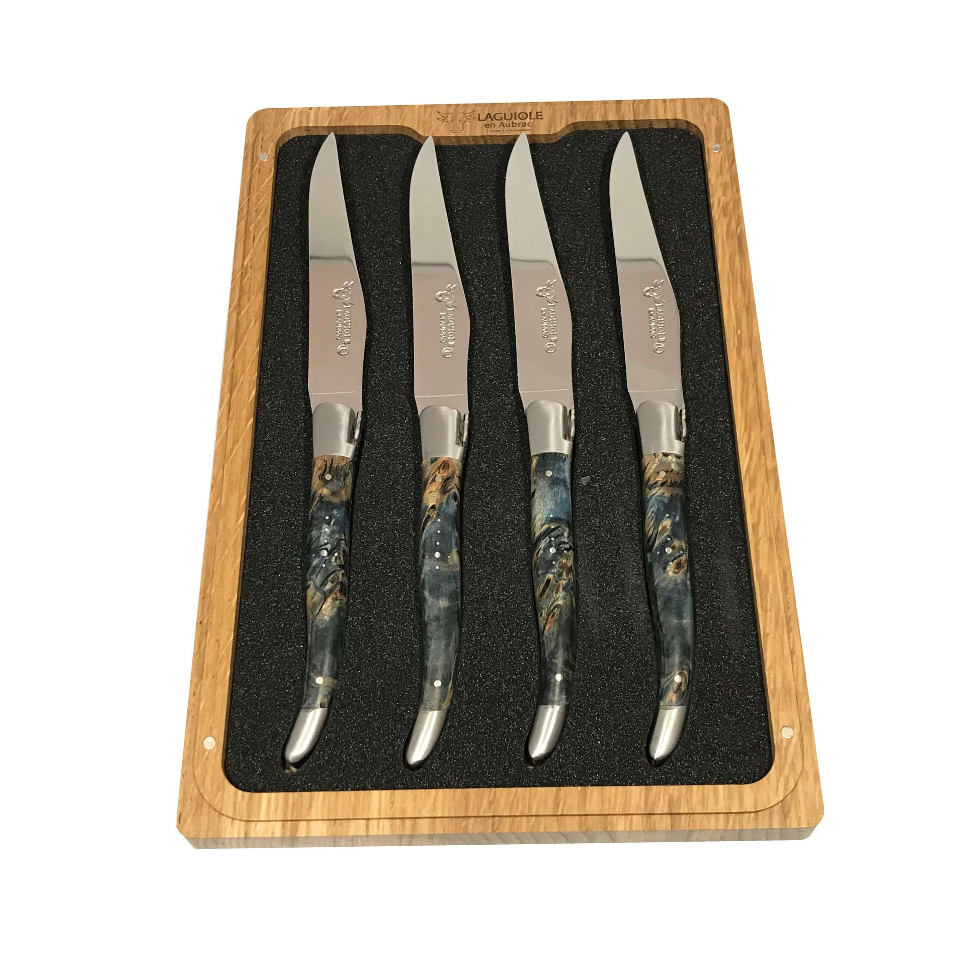 Laguiole en Aubrac Handcrafted Plated 4-Piece Steak Knife Set with Blue Buckeye Burl Handles - LaguioleEnAubracShop