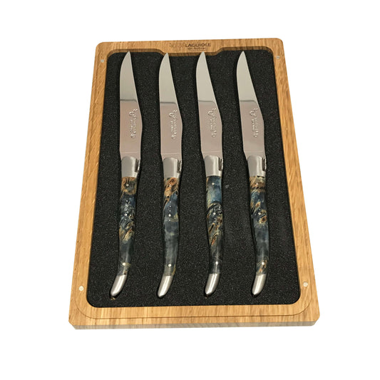 Laguiole en Aubrac Handcrafted Plated 4-Piece Steak Knife Set with Blue Buckeye Burl Handles - LaguioleEnAubracShop
