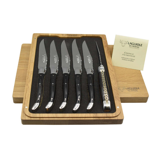 Laguiole en Aubrac Luxury Handcrafted Stainless Steel & Brass Double Plated 6-Piece Steak Knife Set with Buffalo Horn Handles - LaguioleEnAubracShop