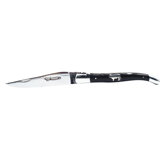 Laguiole en Aubrac Handmade Luxury Plated Multipurpose Knife with Ebony with Inlay Bull, Handle, 4.8-in - LaguioleEnAubracShop