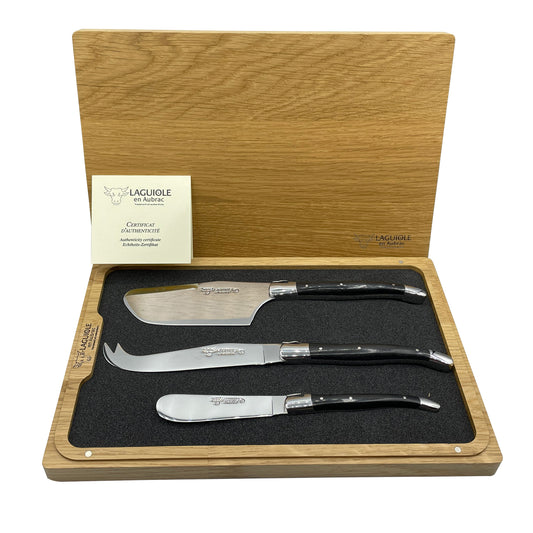 Laguiole en Aubrac Handcrafted 3-Piece Cheese Knife Set with Ebony Wood Handles - LaguioleEnAubracShop