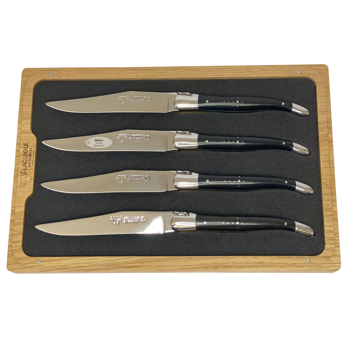 Laguiole en Aubrac Handcrafted Plated 4-Piece Steak Knife Set with Ebony Wood Handles, Polished Bolsters - LaguioleEnAubracShop