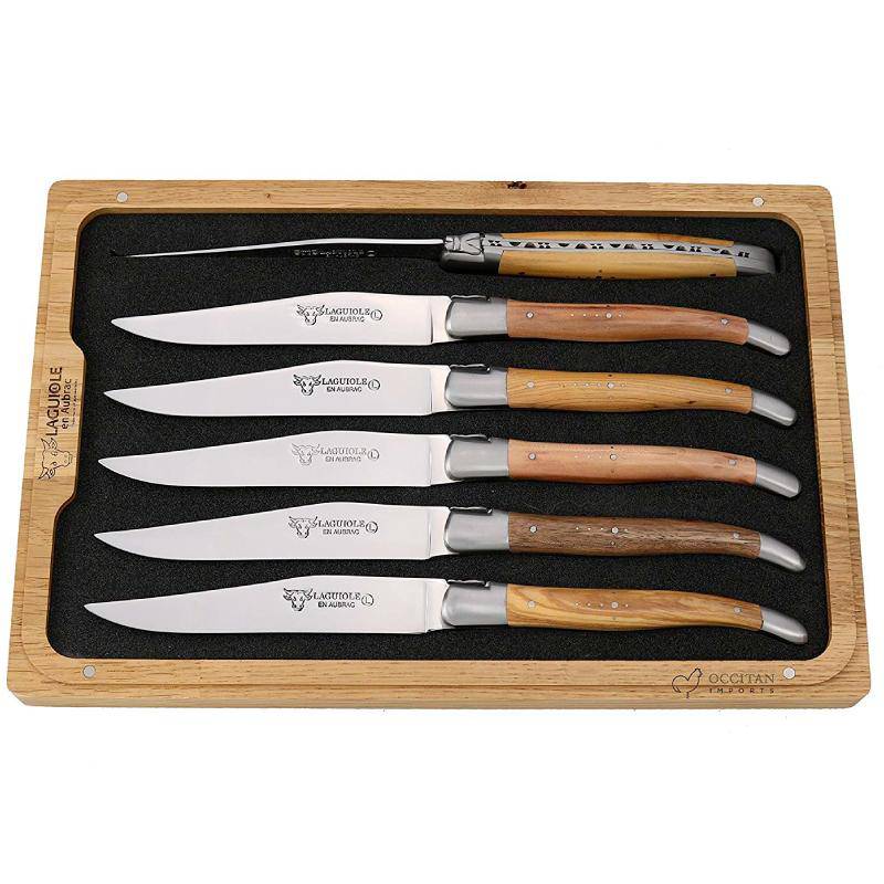 Laguiole en Aubrac Handcrafted Plated 6-Piece Steak Knife Set with Mixed French Wood Handles - LaguioleEnAubracShop