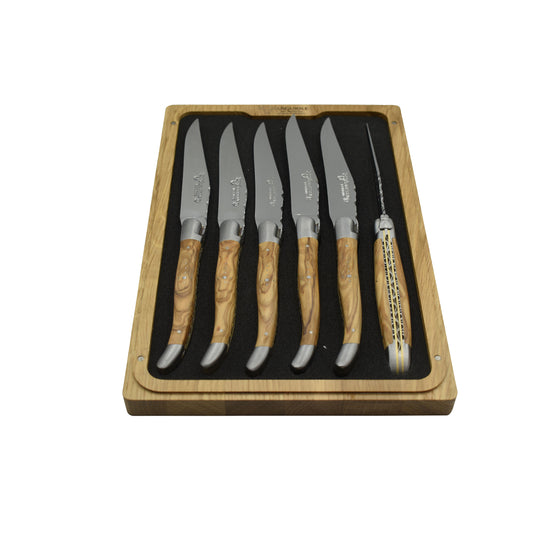 Laguiole en Aubrac Luxury Handcrafted Stainless Steel & Brass Double Plated 6-Piece Steak Knife Set with Olive Wood Handles - LaguioleEnAubracShop