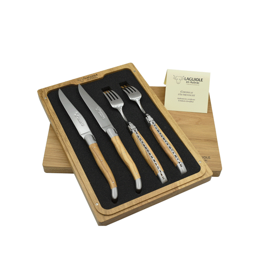 Laguiole en Aubrac Handcrafted 4 Piece Set With 2 Steak Knives and 2 Forks with Olivewood Handles - LaguioleEnAubracShop