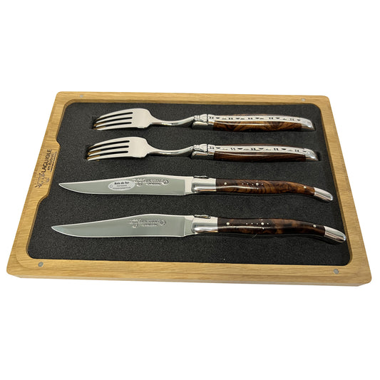 Laguiole en Aubrac Handcrafted 4-Piece Set With 2 Steak Knives and 2 Forks with Rich African Ironwood Handles - LaguioleEnAubracShop
