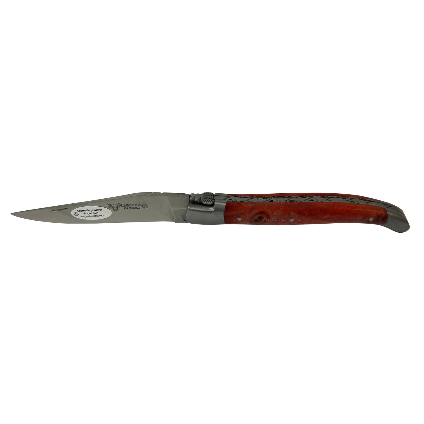 Laguiole en Aubrac Handcrafted Double Plated Multipurpose Knife with Stabilized Red Poplar Burl Handle, 4.75-Inches - LaguioleEnAubracShop