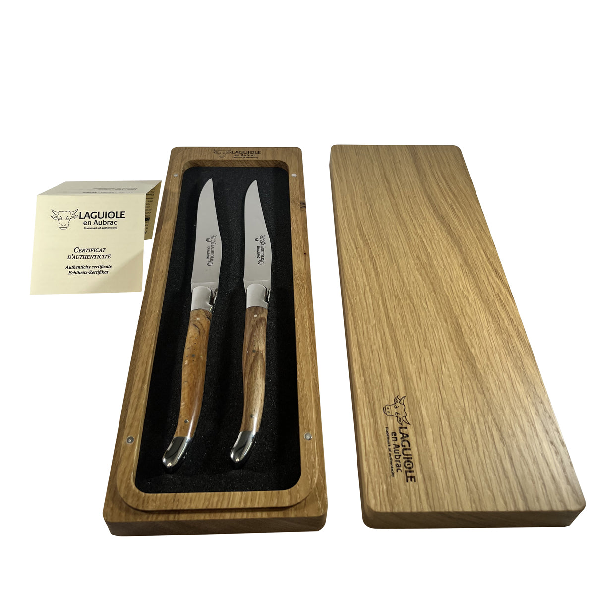 Laguiole en Aubrac Handcrafted Plated 2-Piece Steak Knife Set with Teak Wood Handles - LaguioleEnAubracShop