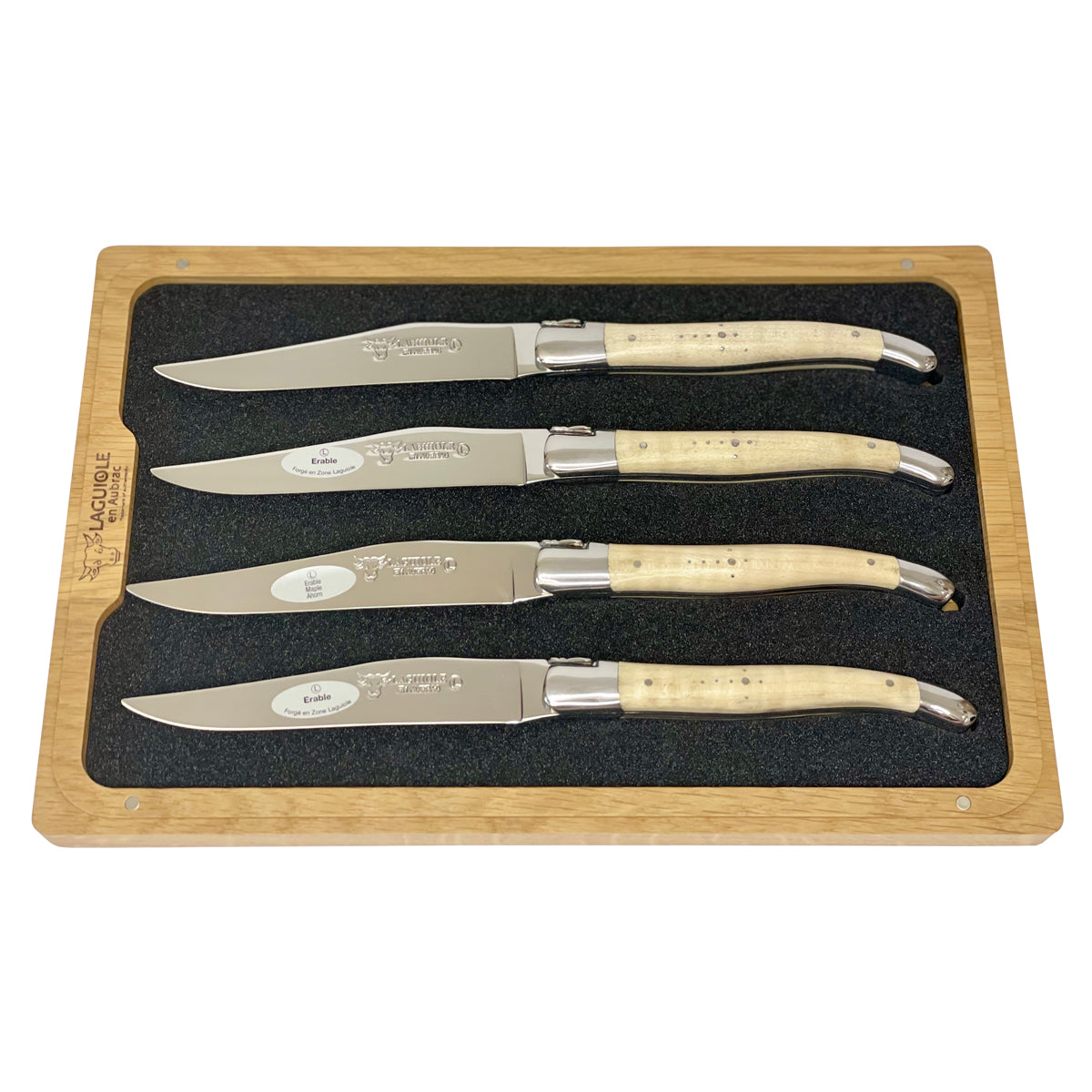 Laguiole en Aubrac Handcrafted Plated 4-Piece Steak Knife Set with Wavy Natural Maple Wood Handles - LaguioleEnAubracShop