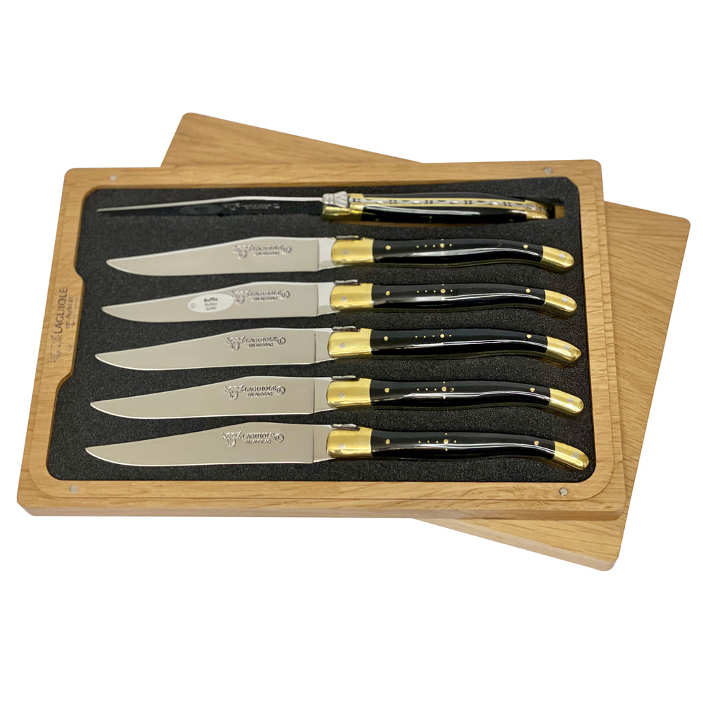 Laguiole en Aubrac Handcrafted Plated 6-Piece Steak Knife Set with Buffalo Horn Handles, Brass Bolsters - LaguioleEnAubracShop